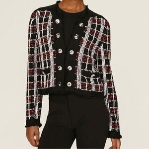 Milly Black Tweed Cardigan Red White Plaid Silver Buttons Size Medium
